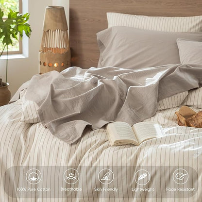 MooMee Bedding Sheet Set 100% Washed Cotton Linen Like Textured Breathable Durable Soft Comfy (Heathered Cream Grey, King)