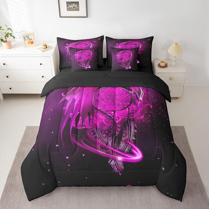 Erosebridal Gothic Dragon Dream Catchers Comforter Set 7 Piece Bed in a Bag Twin,Peach Fuchsia Galaxy Bohemian Feather Bedding Sets Antique Animal Pterosaur Sheet Set with Comforter