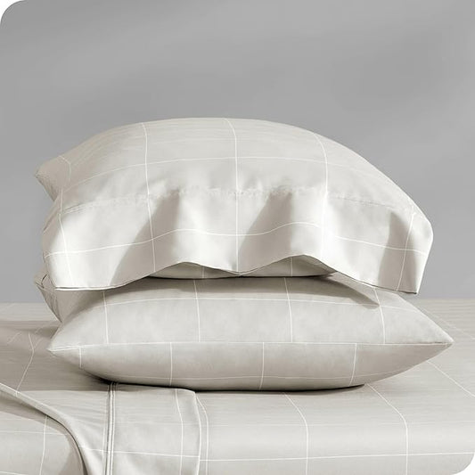 Bare Home Microfiber Pillow Cases - Standard/Queen Size Set of 2 - Cooling Pillowcases - Double Brushed - Pillowcases 2 Pack - Easy Care (Standard, Grid – Stone/White)