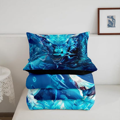 3D Dragon Comforter Set King Size,Western Magical Dragon Gothic Bedding Set for Kids Boys Teens Men Room Decor,Waterdrop Nature Animal Duvet Insert 3Pcs,Wildlife Retro Quilt Set,2 Pillowcases