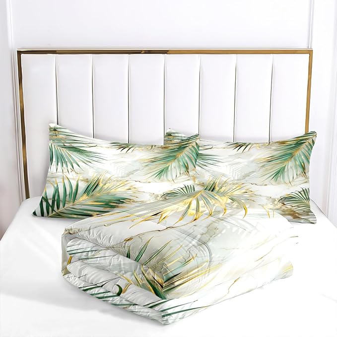 Green Palm Leaf Comforter King Tropical Palm Leaves Comforter Sets Chic Botanical Leaf on White Gold Marble Comforter Set Aesthetic Art Bed Comforter with 2 Pillowcases