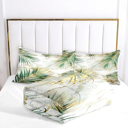 Green Palm Leaf Comforter King Tropical Palm Leaves Comforter Sets Chic Botanical Leaf on White Gold Marble Comforter Set Aesthetic Art Bed Comforter with 2 Pillowcases