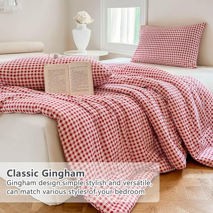 NSNLGSGC Red Gingham Cotton Comforter Set Twin, 100% Washed Cotton Plaid Checked Comforter Bedding, 2 Pieces Vintage Farmhouse Grid Bedding Set(Red Gingham, Twin)