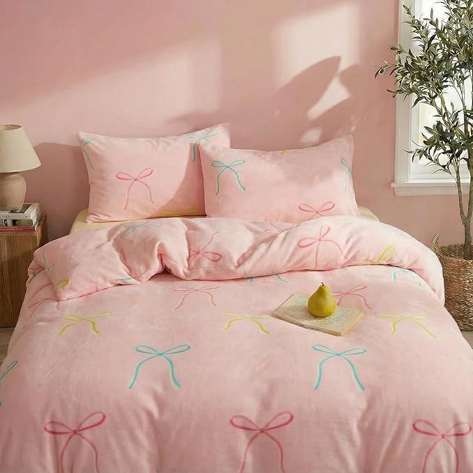 Bedbay Pink Bow Comforter Set Queen Size Warm Fluffy Fleece Bedding Set Cute Bowknot Teen Girls Ultra Soft Plush Velvet Comforter Queen Bed Set Sweet Bow Tie Dreamy Princess Style Bedding 3 Pcs