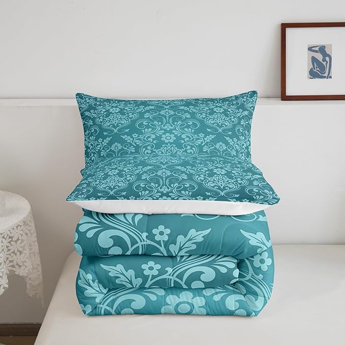 Feelyou Adults Teal Vintage Damask Floral Comforter Set Oriental Antique Comforter Queen Size Gothic Bohemia Boho Flower Bedding Set Bohemian Exotic Duvet Set Quilt Set 3Pcs
