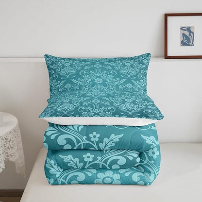 Feelyou Adults Teal Vintage Damask Floral Comforter Set Oriental Antique Comforter Queen Size Gothic Bohemia Boho Flower Bedding Set Bohemian Exotic Duvet Set Quilt Set 3Pcs