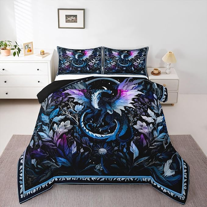 Feelyou Dragon Bedding Set Soft for Boys Girls, Wild Life Comforter Set Queen Size Jungle Dragon Duvet Quilt Microfiber Wild Animal Bedroom Decor Dark Blue 3 Pcs with 2 Pillow Cases