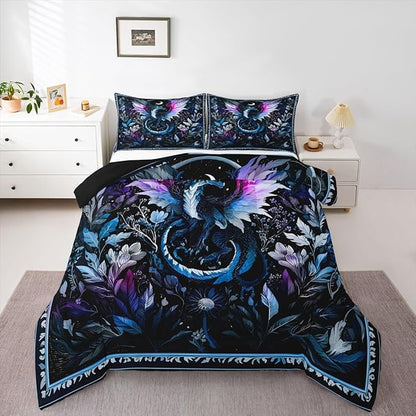 Feelyou Dragon Bedding Set Soft for Boys Girls, Wild Life Comforter Set King Size Jungle Dragon Duvet Quilt Microfiber Wild Animal Bedroom Decor Dark Blue 3 Pcs with 2 Pillow Cases
