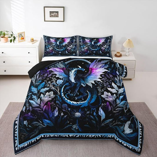 Feelyou Dragon Bedding Set Soft for Boys Girls, Wild Life Comforter Set Full Size Jungle Dragon Duvet Quilt Microfiber Wild Animal Bedroom Decor Dark Blue 3 Pcs with 2 Pillow Cases