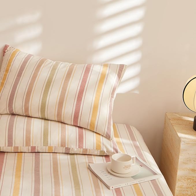 MKXI Striped Duvet Cover Set 100% Washed Cotton, 3-Piece Colorful Autumn Vibe Bedding Set with Zipper & Ties, Stripes Pattern Comforter Cover for Teens, Adults, Dorms & Bedrooms (Full Size)