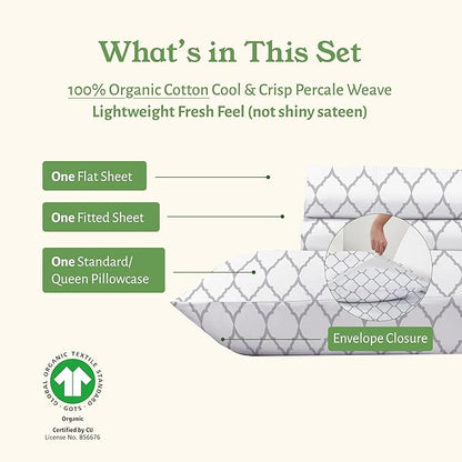 California Design Den Quatrefoil Grey Twin Sheet Set, 100% Organic Cotton Percale Sheets, Deep Pocket Twin Sheets & Pillowcase Set - Quatrefoil Grey