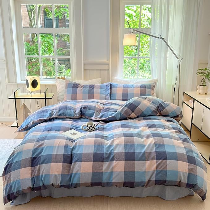 FACE TWO FACE Bedding Duvet Cover Set100% Washed Cotton Duvet Cover Linen Like Textured Breathable Durable Soft Comfy (California King, Cardamom Blue Grid)