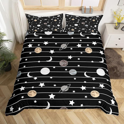 Cartoon Planet Bedding Set Starry Galaxy Duvet Cover Set Moon Night Comforter Cover Set Black White Lines Bedspread Cover Bedroom Quilt Cover 3Pcs Queen with 2 Pillowcase,No Comforter