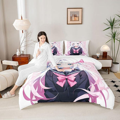 Erosebridal Kawaii Japanese Girl Comforter Set Cartoon Anime Girl Bedding for Kids Boys Girls 3D Japanese Style Duvet Insert Sailor Suit Uniform Design Duvet Set Twin Size