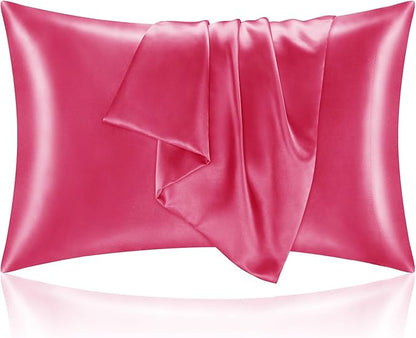 BEDELITE Satin Pillowcase with Zipper 2 Pack, Hot Pink Pillow Cases Standard Size, Super Soft and Cooling Similar to Silk Pillow Cases, Gift for Women Men(20x26 Inches)