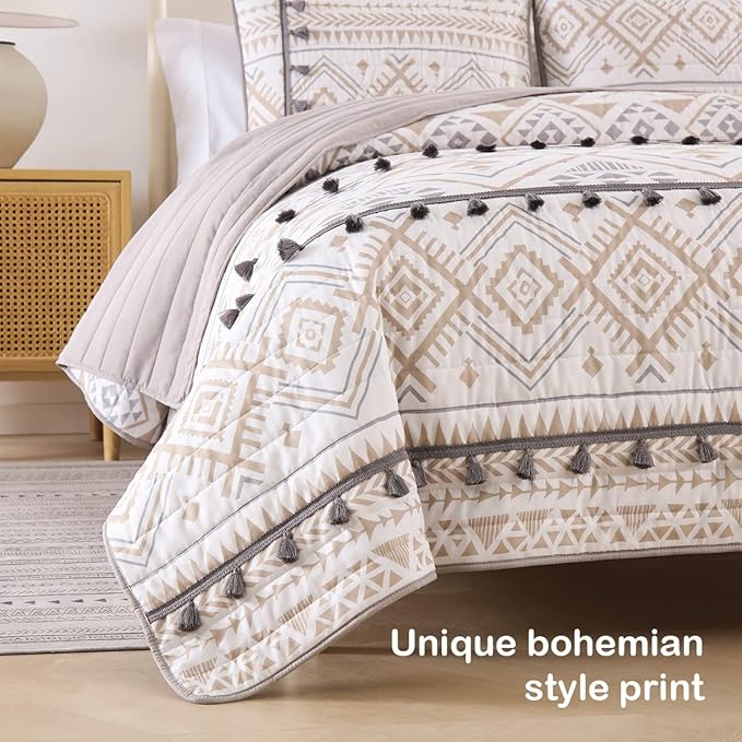 HORIMOTE HOME Boho Style Beige King Quilt Set with Tassle, Soft and Lightweight Bedspread for All Season, King Size Bed Coverlet with 2 Matching Pillow Shams (3 Piece)