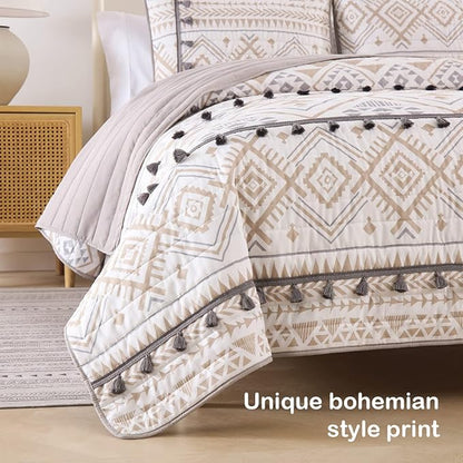 HORIMOTE HOME Boho Style Beige King Quilt Set with Tassle, Soft and Lightweight Bedspread for All Season, King Size Bed Coverlet with 2 Matching Pillow Shams (3 Piece)