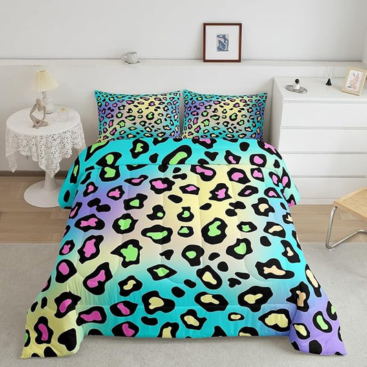 Feelyou Leapord Comforter Set King Size Leopard Print Comforter for Boys Girls Teens Cheetah Print Bedding Set Morden Duvet Set Room Decor Pale Blue Quilt Set