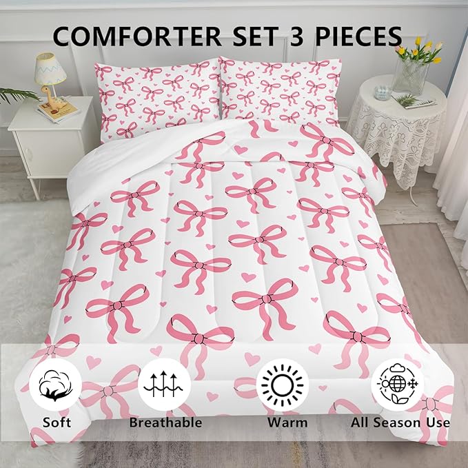 Pink Bowknot Comforter for Girls,3 Pieces Princess Bowknot Bedding Queen Size,Kawaii Bow-tie Bed Set for Kids Women,Pink Cute Bow Bedding,Girls Bedroom Comforter Set 1 Quilt 2 Pillowcases