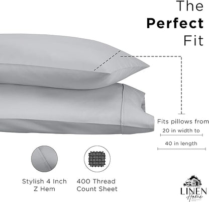 Linen Home 400 Thread Count King Pillowcase Set | 100% Long-Staple Cotton Pillow Cases | Soft & Smooth Luxury Satin Set of 2 Pillowcases | 4 Inch Z Hem | Silver