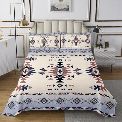 Aztec Print Kids Bedspread King Size,Western Cowboy Arrows Geometric Patchwork Coverlet Set,Boys Girls Room Decor,Southwest Boho Tribal Ethnic Quilted Coverlet,Retro Bedding Quilt,2 Pillowcases