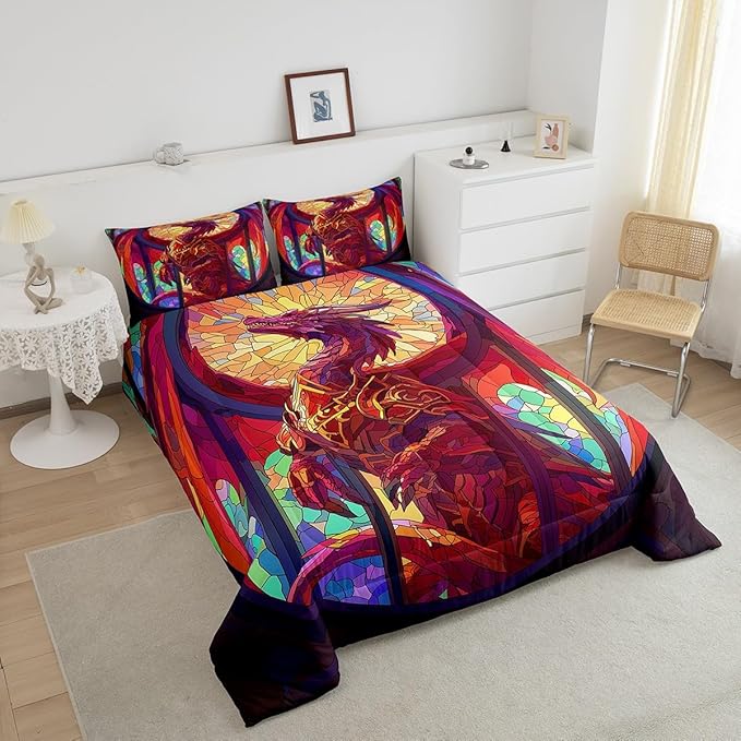 Feelyou Dragon Comforter Set Queen Size Dragon Stuff Comforter for Boys Girls Teens Wild Life Bedding Set Dragon Decor Duvet Set Room Decor Dark Orange Quilt Set