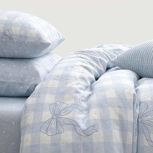 Blue Plaid Bow Comforter Set Twin Size, 2 Pcs Checkered Gingham Bedding Set Love Heart Reversible Comforter with 1 Pillowcase, 68"x86"