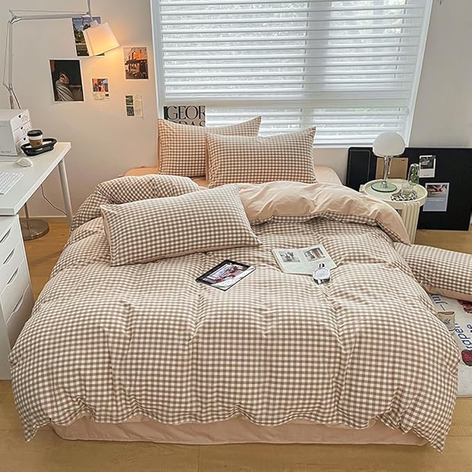Nayoroom Brown Gingham Duvet Cover Queen Size 100% Washed Cotton Duvet Cover 3 Pieces Soft Breathable Yarn-Dyed Plaid Checkered Girls Dorm Bedding Set for All Seasons
