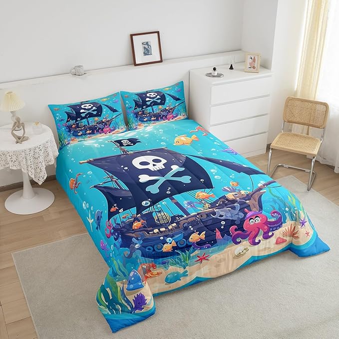 Castle Fairy Cartoon Pirate Boat Comforter Set King Size Cute Octopus Ocean Fish Bedding Set Bedroom Decor Funny Undersea World Quilt Set for Kids Boys Girls Watercolor Seaweed Duvet Insert 3Pcs