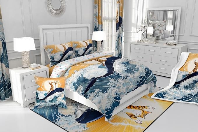 Feelyou Cute Cat Whale Bedding Set King Size Japanese Ukiyoe Theme Duvet Cover for Adult Kids Boys Girls Cartoon Anime Comforter Cover Set Navy Blue Bedspread Cover 3Pcs Zipper