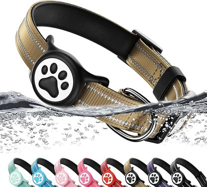 Airtag Dog Collar, Reflective Ultra-Durable Nylon Padded with QR Buckle & IP68 Waterproof Air Tag Holder Compatible for Apple AirTag, Comfortable for Small Medium Large Dogs (Brown,XL)