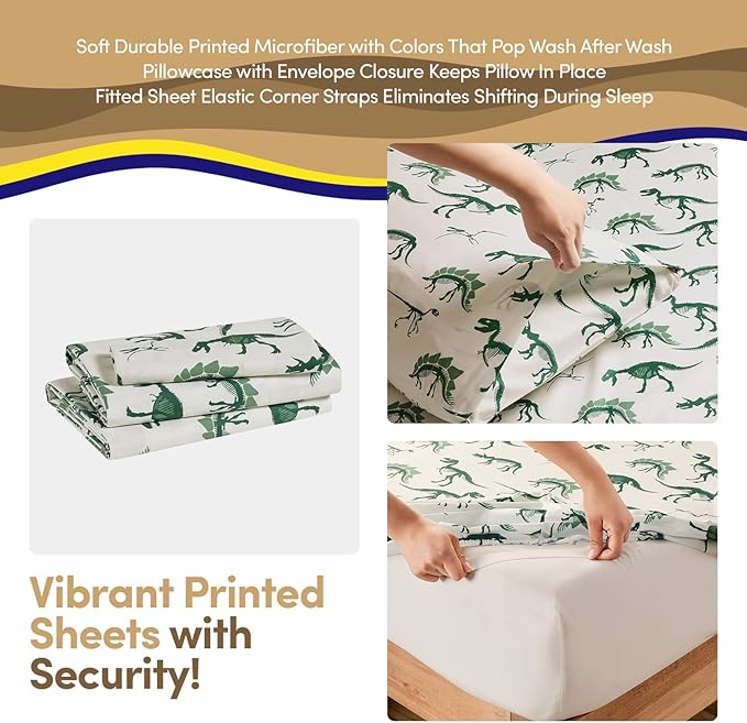 Twin Size Kids Comforter Set - Dinosaur Embossed Bedding Set Bed in a Bag for Boys and Girls Toddlers Sheet Set and Comforter, Dinosaur Embossed