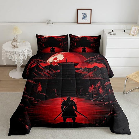 Feelyou Dragon Comforter Set Full Size Japanese Style Comforter for Boys Girls Teens Samurai Bedding Set Sunset Duvet Set Room Decor Red Black Quilt Set
