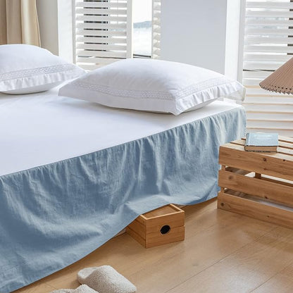 BISELINA French Linen Bed Skirt with Pleated Corner 14-Inch Tailored Drop Natural Flax Cotton Blend Basic Dust Ruffle Soft Cozy Farmhouse Bedding (14" Queen, Basic Dusty Blue)