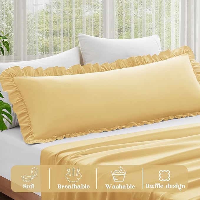 KKJIAF Ruffle Body Pillow Cases Set of 1, Ruffled Pillow Covers with Envelope Closure, Wrinkle Resistant Ruffled Long Pillow Shams 20" x 54", Gold