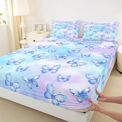 Erosebridal Pink Blue Butterfly Sheets for Boys Girls Watercolor 3D Printed Fitted Sheet,Purple Colorful Rainbow Kids Bedding Sets Fantasy Dreamy Princess Bed Sets Queen 3 Piece