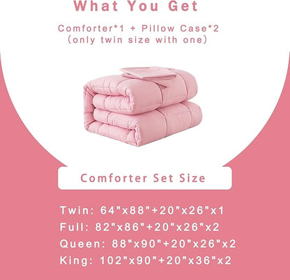 DOWNCOOL Twin Comforter Set -All Season Bedding Comforters Sets with 1 Pillow Case -2 Pieces Bed Set Down Alternative Comforter Set -Pink Twin Bedding Sets(64"x88")