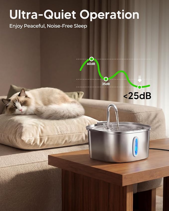 PEKTACO Stainless Steel Cat Water Fountain with 3 Filters, 3.2L/108oz | Cat drinking fountain, dishwasher safe, with triple filtration, quiet pump, and visible water window for cats and small pets