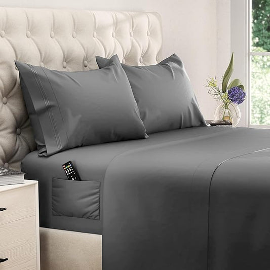 DREAMCARE Queen Size Sheets - Cooling Bed Sheets - 4pcs Set - up to 15" Deep Pocket Queen Sheet Set - Sheets Queen Size Bed - Soft & Long Lasting 100% Fine Brushed Polyester with Side Pocket - DGray
