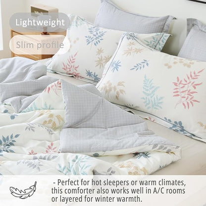 White Cotton Comforter King Size 3Pcs - Blue, Beige and Blush Botanicals Pattern on White, Gray Grid Back, Reversible Lightweight Bedding Sets with Soft Fill(King, 104"×90")