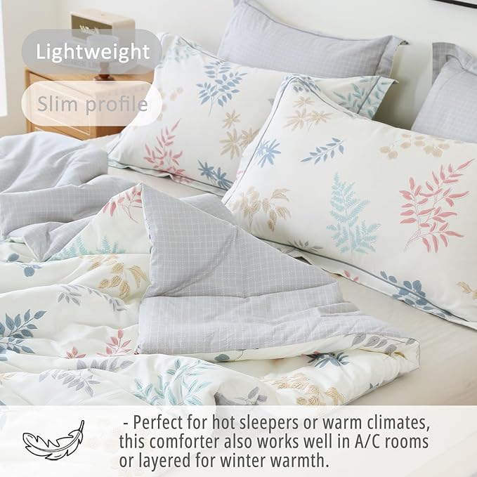 White Cotton Comforter Twin Size 2Pcs - Blue, Beige and Blush Botanicals Pattern on White, Gray Grid Back, Reversible Lightweight Bedding Sets with Soft Fill(1 Comfoter, 1 Pillowcase)