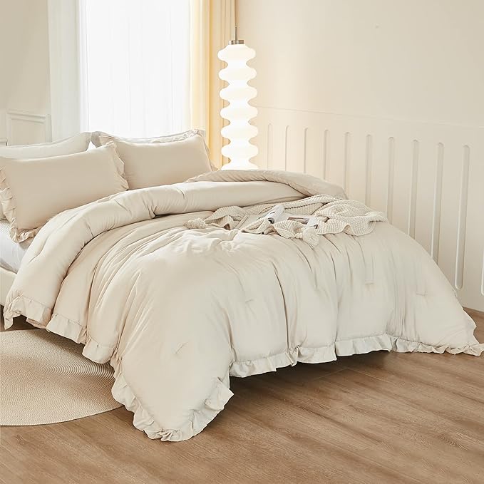 Litanika Comforter Twin Size Set Beige, 2 Pieces Ruffle Lightweight Bedding Comforter Set, Fluffy Bed Set (66x90In Comforter, 1 Pillowcase)