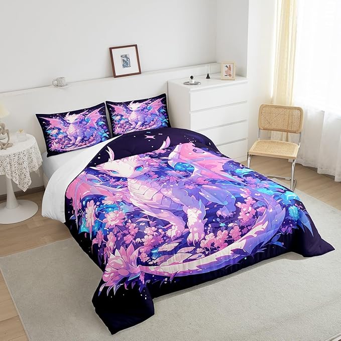 Castle Fairy Kids Dragon Bedding Set for Boys Girls,Cartoon Dragon Wildlife All Season Cozy Comforter Set Full Size,Watercolor Flower Duvet Set Bedroom Decor,Personalized Birthday Gifts
