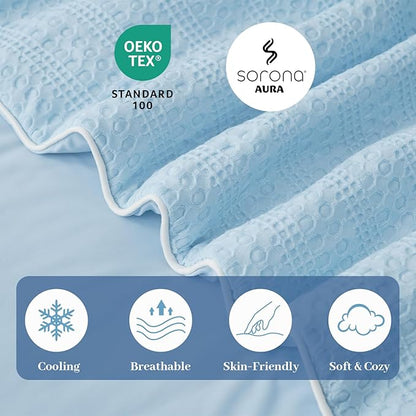 Amélie Home Waffle Cooling Comforter Queen Size, Q-Max 0.45 Reversible Lightweight Cooling Blanket for Hot Sleepers, Breathable Bedding for Night Sweats, 90"x90", Sky Blue