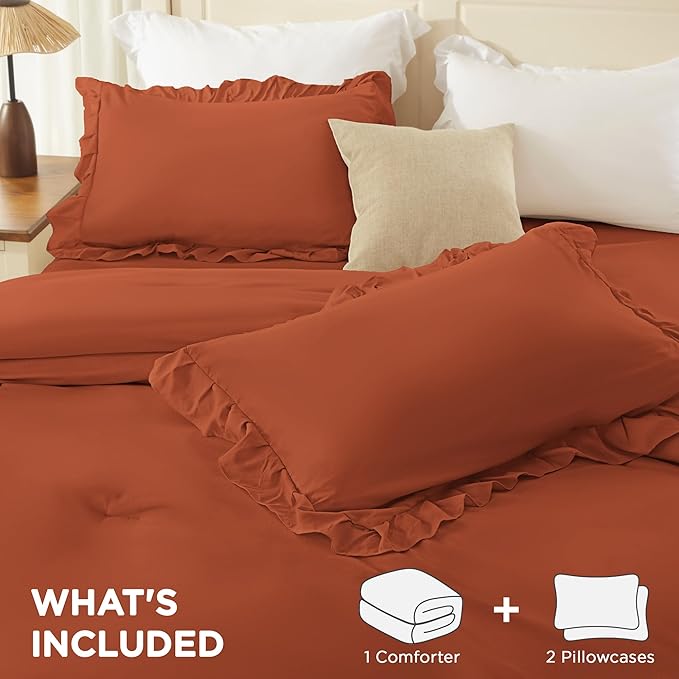 Andency Terracotta King Comforter Set (104x90Inch), 3 Pieces Ruffle Bedding Set with 2 Pillowcases, Farmhouse Shabby Chic Lightweight Fluffy Soft All Season Bed Set, Burnt Orange