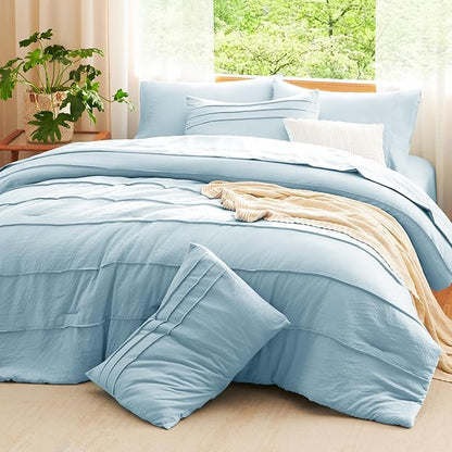 CozyLux Full Size Comforter Sets Light Blue, 7 Pieces Soft Pinch Pleat Bed in a Bag Full Comforter Set with Sheets, Boho Bed Set with Down Alternative Comforter, Sheets, Pillowcases & Shams