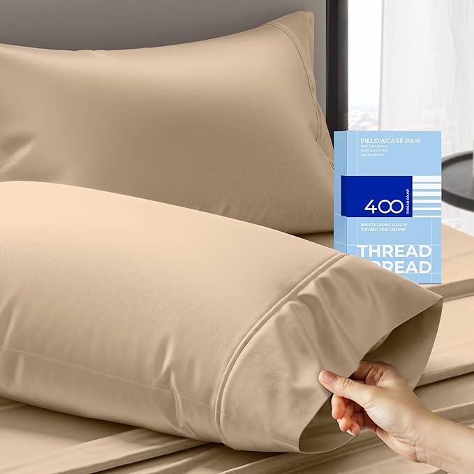 THREAD SPREAD 100% Cotton Pillow Cases Queen Size Set of 2 - Luxury 400 Thread Count Queen Pillow Cases (Taupe), Soft Cooling Breathable Hotel Quality Cotton Pillowcases, Fits Standard Pillows