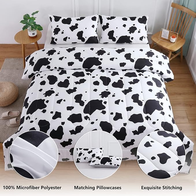 PERFEMET Cow Print Full Comforter Set Boys 3 Piece Cartoon Milk Bedding Set Cowhide Bed Set Reversible Plaid Teen Girls Bed Sets with Pillowcases (Full, Black and White)