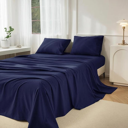 JIYUAN Twin Size Sheet Set, 3-Piece - 100% Washed Cotton, Linen-Like Soft & Breathable, Includes Deep Pocket Fitted & Flat Sheet with 1 Pillowcases, Hotel Quality, Solid Navy Blue
