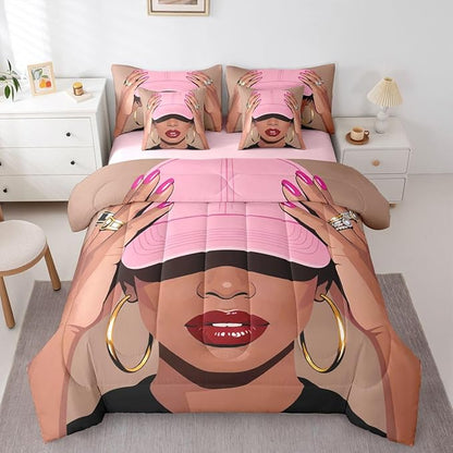 Erosebridal Black Girls Queen 7 Piece Bedding Set Fashion Black Woman Comforter Sets for Kids Vogue Fashionable Gorgeous Sheet Set African Princess Magical Bed in A Bag with Flat and Fitted Sheet